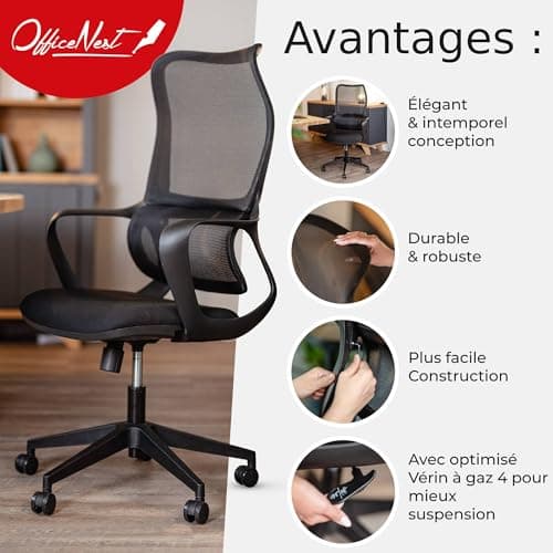 OfficeNest Tout Nouveau modèle Chaise de Bureau Caity Ergonomique,Pivotante,Réglable en Hauteur jusqu'à150 kg,Convient pour Bureau/Bureau à Domicile -Design Moderne et Confort Longue Durée Noir Onyx