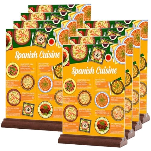 Srvnpioy Lot de 8 Présentoirs A4 pour Menu en Bois, Présentoir de Table A4 en Acrylique, Plexi A4 Support Menu en Acrylique, Porte Menu A4 pour Restaurants, Hôtel, école, Bureau