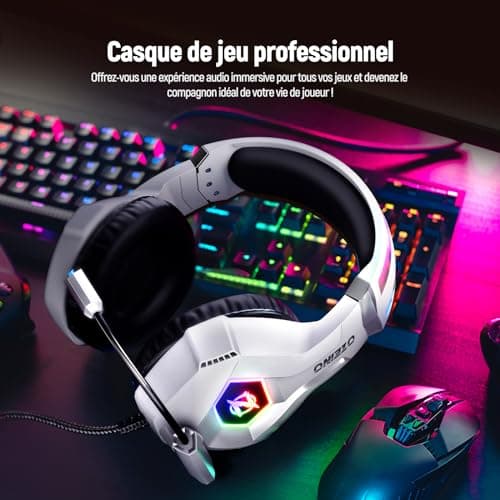 Ozeino Casque Gaming pour Ps5 PC Ps4, Casque Gamer pour Micro RGB 7 Couleurs Transducteurs 50mm Stéréo Basse Micro Anti-Bruit Réglable Compatible avec Switch Xbox Series X & S-Blanc