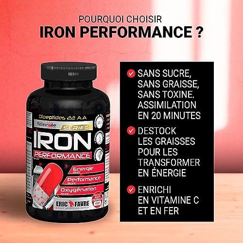 IRON PERFORMANCE Complexe Bioaminoée® - Booster Musculation, Oxygenation du Sang - Dipeptides 22 Acides Aminés + Fer Héminique - 120 Gélules - Laboratoire Français Eric Favre