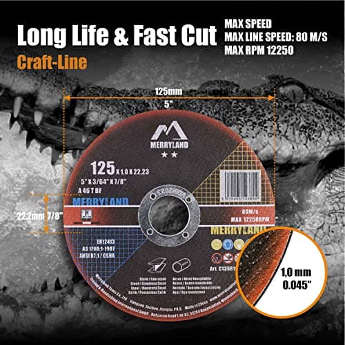 Merryland Disque à Tronçonner 125 Métal INOX Acier Fer, 125 X 1,0 mm Disque de Coupe 50 Pièces, Disque Découper pour Meuleuse d'Angle, Craft-line C13081042