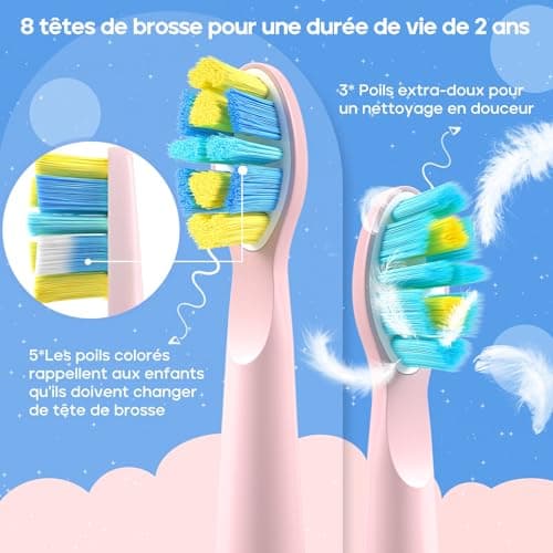 Seago brosse à dents électrique rechargeable pour enfants, brosse à dents électrique enfant avec autocollants DIY drôles, minuterie de 2 minutes, 4 têtes de brosse SG2303(rosa)