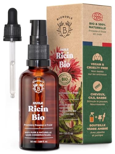 Bionoble Huile de Ricin Bio 50ml + Pipette et Pompe - Bouteille en Verre - 100% Pure, Naturelle, Pressée à Froid - Huile de Ricin pour Cheveux Cils Sourcils, Huile Barbe - Castor Oil, Huile Ricin