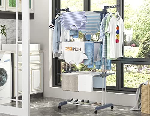 HOMIDEC Etendoir Linge, 4 Niveaux Grande Sechoir a Linge Pliable avec Roues, Acier Inoxydable Seche Linge Etendoir pour Intérieur et Extérieur, Gris