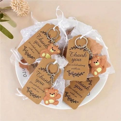 Lidzopas Lot de 18 porte-clés mignons en forme d'ours de la jungle avec étiquettes de remerciement en kraft pour sacs en organza pour décoration de fête d'anniversaire
