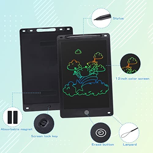 Coolzon Tablette Dessin Enfant, 12 pouces Tablette D'écriture Effaçable Et réutilisables,Ardoise Magique pour Dessin de peinture et listes de notes, Autocollants de Dessins Animés Gratuits,Noir