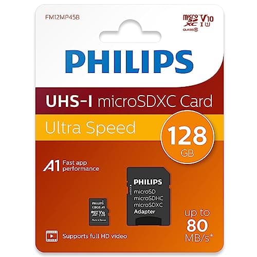 Philips Ultra Speed Carte microSDXC Card 128 Go + Adaptateur SD UHS-I U1, Vitesse de Lecture jusqu'à 80 Mo/s, A1 Fast App Performance, V10, Carte mémoire pour Smartphones, Tablette, PC, vidéo Full HD