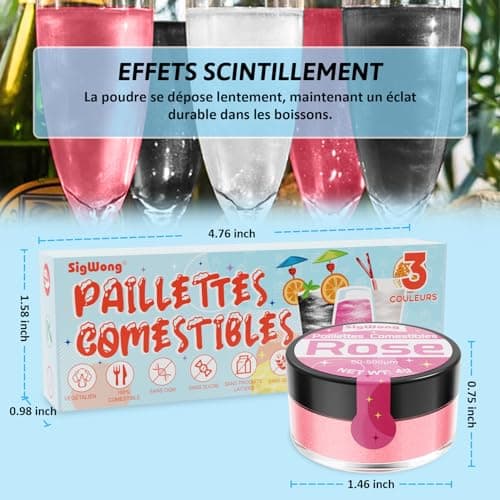 Paillettes Alimentaires Comestibles, 3x4g Colorant Alimentaire Poudre Cocktail Boissons Pour Decoration Gateau, Liqueur, Vin, Champagne, Halloween-Argent, Noir, Rose