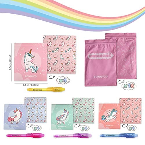 BONNYCO Stylo Encre Invisible et Carnet de Notes, Pack 16 Licorne Petits Cadeaux Anniversaire pour les Filles et Garçons | Cadeau Anniversaire Enfants et Jouets Pinata | Anniversaire Licorne