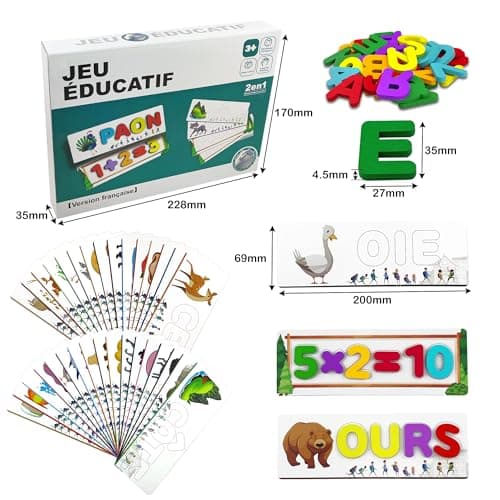 Jeu Éducatif d'Orthographe Française, Jouet Montessori à Partir de 3 4 5 6 7 8 Ans avec 32 Double-Face Cartes Flash Jeux d'apprentissage des Lettres Cadeau pour Fille Garçon à Partir de 3 à 6 Ans