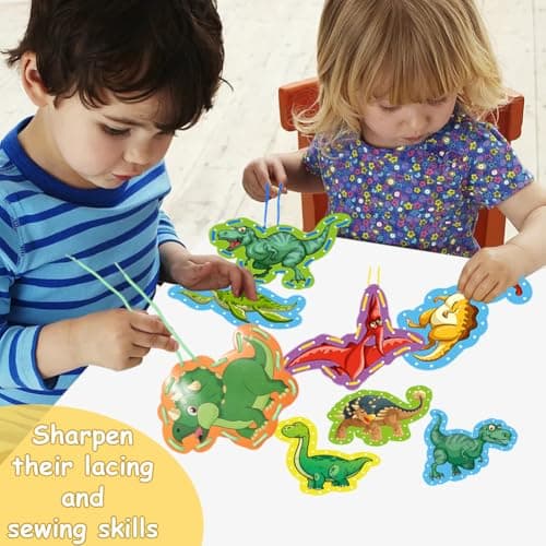 Lot de 12 Jouets à Corder, Cartes à Coudre Double Face Dinosaures, Cartes à Lacer Enfant, Jouets à Corder Éducatifs, Jeux de LaçAge pour les Enfants, pour Garçon Fille Cadeau