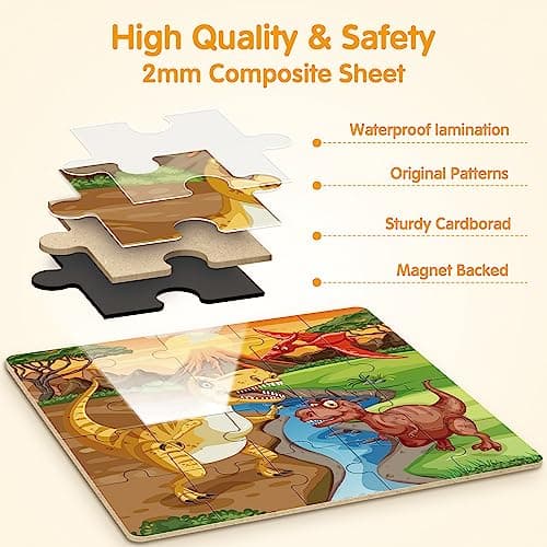 SYNARRY Puzzle Dinosaures Magnetique Enfants 3 4 5 6 Ans, 20 Piéces de Puzzle Voyage, Jouet pour Garçon Fille Avion Voiture Enfant 3 à 8 Ans