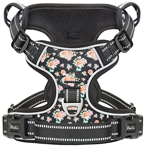 HEELE Harnais Chien, Harnais Chien Anti Traction, Réfléchissant, avec Poignée Rembourrée Contrôl, 2 Anneaux Métal, Harnais pour Petit Moyen et Grand Chien, Fleur-Noir, L