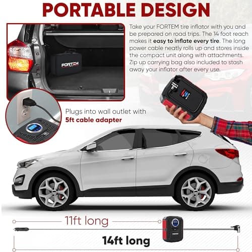 FORTEM Gonfleur de Pneus 150 PSI, Pompe à Vélo, Pompe à Air 230V AC 12V DC Pour Pneus de Voiture, Manomètre Digital Avec Pompe Automatique/Arrêt, étui de Transport (rouge)
