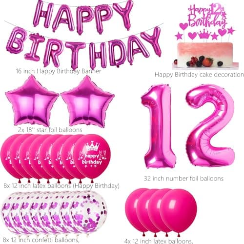 Ballon rose 12 ans anniversaire Hot Pink Ballon d'anniversaire 12 ans rose Ballon 12 ans fille anniversaire Decoration 12 anniversaire Fille 12 ans Party Deco Rose 12 Ans Décorations anniversaire