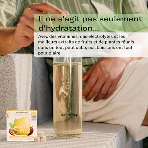 waterdrop® Microdrink Coffret Tropical | 48 waterdrop boisson en cube effervescente | 4 saveurs Avec Thé Glacé CITRON | Extraits naturels de fruits et de plantes | Eau aromatisée en pastille