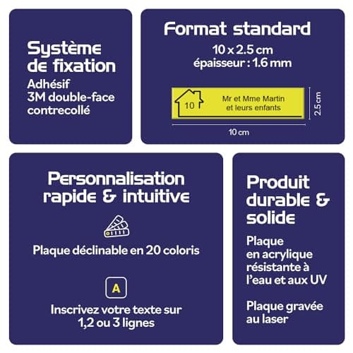 Plaque gravée pour nom et numéro boîte aux lettres autocollante 10x2,5cm personnalisée 1 à 3 lignes Alu Brossé