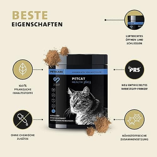 Peticare Senior Actif Vital Mix Poudre pour Chats âgés | Complément Alimentaire Naturel avec Moule Verte, MSM, Curcuma | stimule immunitaire & en Cas de carences | petCat Health 3603 (100 g)