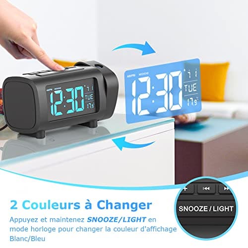 LIORQUE Radio Réveil à Projection, Horloges à Projection 180° Reveil Projecteur FM avec Alarme, Grand Affichage VA, 4 Niveaux de Luminosité de l'écran, Numérique USB, Fonction Snooze, 12/24H
