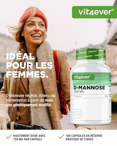 D-Mannose - 180 gélules - 1500 mg par portion journalière - Premium : Issu de la fermentation de légumes - Hautement dosé - Naturel - Végétalien