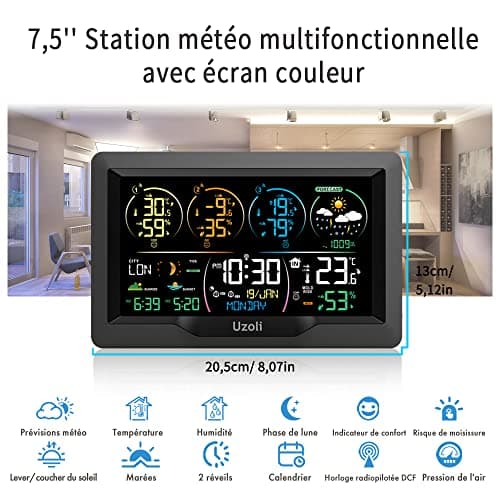 Uzoli Station météo sans fil avec 3 capteur Horloge numérique Thermomètre Hygromètre intérieur extérieur Prévisions météo Pression Lever Coucher du soleil Phase lunaire Risque de moisissure - EM3390