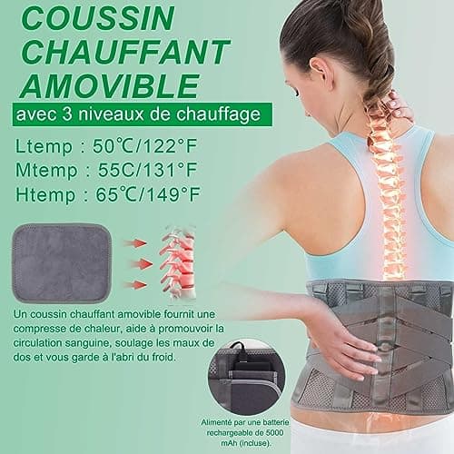 HONGJING Ceinture dorsale chauffante pour le soulagement des douleurs lombaires, ceinture dorsale chauffante alimentée par batterie pour la sciatique et la scoliose (M)