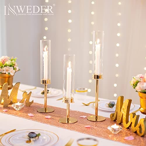 Inweder Bougeoir Doré avec Verre Amovible - Lot de 3 Bougeoirs en Verre Chandelier Bougeoir Porte Bougie Decorative Cylindres Bougeoir Decoratif pour Centre de Table de Mariage Décoration Maison