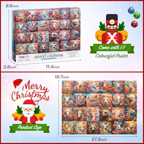 Calendrier de l'Avent Puzzle 2024, Puzzle en 3D pour Adultes et Enfants, Compte à Rebours de Noël sur 24 Jours, 24 Puzzles en Forme d'animaux, 1008 Pièces