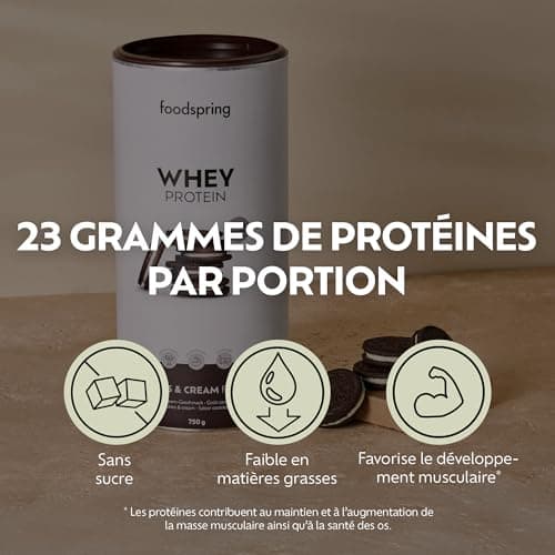 foodspring - Poudre de protéines whey Cookies&Cream - Avec 23 g de protéines de croissance musculaire, solubilité parfaite, ultra-filtrée et riche en BCAA et EAA - goût complet et délicieux (750 g)