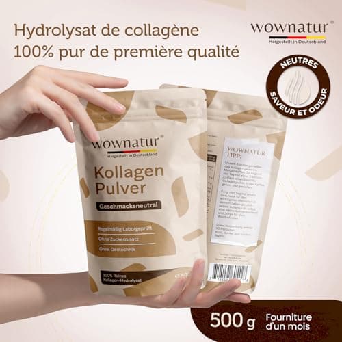 WOWNATUR® Collagen Poudre 500g Powder - Solubilité parfaite - Hydrolysat de collagène de première qualité - Petite taille des peptides de type 1, 2 et 3 - Goût et odeur neutres - L'original