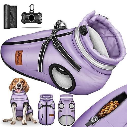 TRESKO® Manteau d'hiver pour Chiens avec réflecteurs INCL. 15 Sacs à crottes + Distributeur | Imperméable pour Chiens étanche | Manteau avec Harnais | Veste d'hiver doublée (L, Violet)