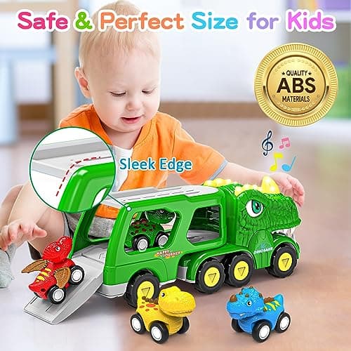ENJSD Camion Dinosaure Jouet pour Enfant de 3 4 5 Ans, 5 en 1 T-Rex Camion Transporteur Voiture avec Lumières et Sons, Jeux pour Garcon Fille 3 à 5 Ans, Cadeau Noel Enfant de 3-5 Ans(Vert)
