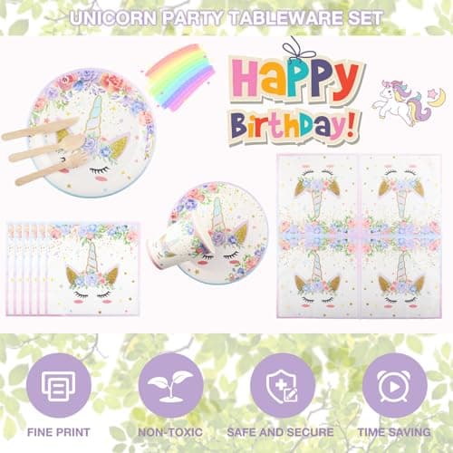 Assiettes Anniversaire Rose Licorne, Vexillic Set de Vaisselle de Fête Licorne 200 Pièce Réutilisable Decoration Anniversaire Licorne Fille Assiettes Tasses Serviettes Fourches (25 Invités)