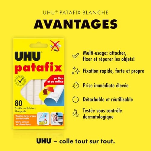 UHU Patafix blanche - pastilles adhésives prédécoupées, pâte à fixer, repositionnables, blanche, 80 pastilles