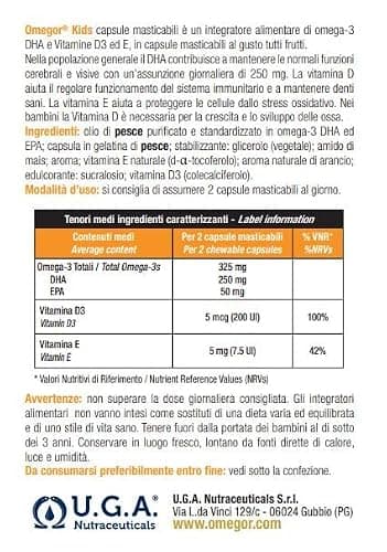 Gélules Omegor Kids | 250 mg d'oméga-3 DHA pour les enfants | Gélules molles exquises à croquer, créées à partir de gélatine de poisson | Goût sucré - Saveur délicate multifruits, 60 gélules