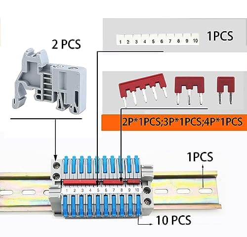 CTRICALVER Kit de Bornier de Rail DIN,10 pcs bleu Bornier Rail DIN, Avec Bande de Repérage Numérique, Bande de Connexion (2P, 3P, 5P)