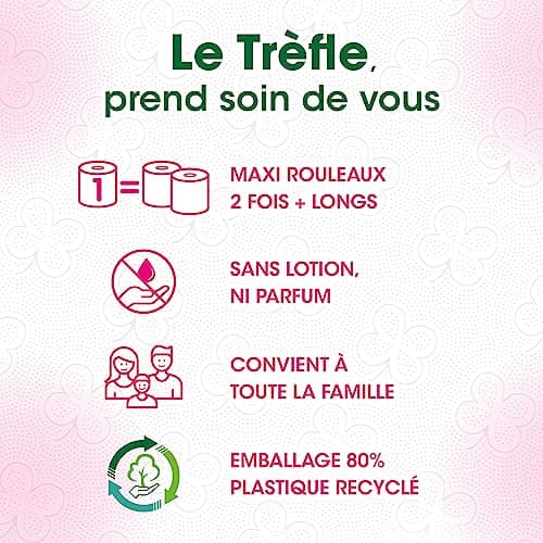 Le Trèfle Maxi Douceur - Papier toilette - 36 Maxi Rouleaux - 72 Rouleaux Classiques – Double épaisseur – Emballage 80 pourcent Plastique Recyclé
