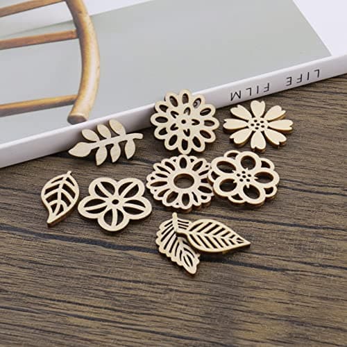 VGOL Lot de 100 tranches de bois décoratives en forme de fleur et de feuille pour bricolage, scrapbooking, fabrication de cartes