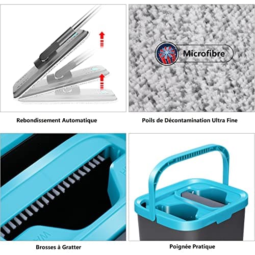 MASTERTOP Balai Microfibre et Seau Essoreur, Serpillière Plat Rotatif 360° et Seau Auto-Lavage, Vadrouille de Mains Libre pour Nettoyage de Sol, avec 6 Serpillières Réutilisables (Gris foncé)