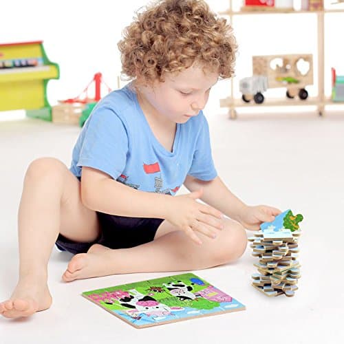 BBLIKE Jouet Puzzle pour Enfants, 4 Niveaux de Difficulté Différents, 9 Pièces, 12 Pièces, 15 Pièces, 20 Pièces, Jouet Éducatif Parfait pour Garçons Filles de 3 Ans + (Animaux de la Ferme)