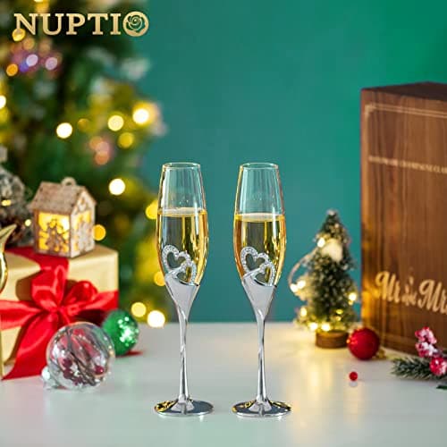 NUPTIO Flûtes à Champagne Mariage: Flûte à Champagne Personnalisée Coffret Cadeau en Bois Cristal Prosecco Verre Ensemble de 2, Ensemble Cadeau Argent Toast Anniversaire Fête Nuptiale Douches