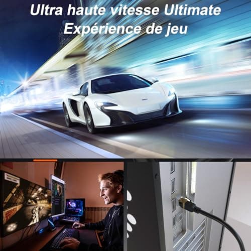 Câble ethernet Cat 8 15m, haut débit, robuste 26 AWG Cat8, 40 Gbit/s, 2 000 MHz avec connecteur RJ45 plaqué or, câble Internet extérieur et intérieur, compatible avec routeur, modem de jeu, Xbox
