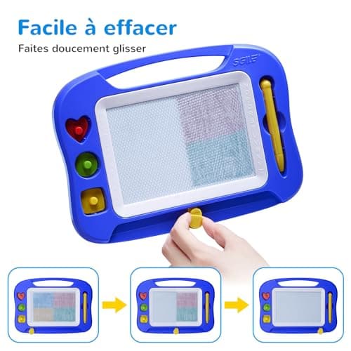 SGILE Tablette à Dessin Magnétique pour Enfants, Ardoise Magique Effaçable et Colorée avec Stylo Magnétique, Tableau Magique avec Trois Tampons, Jouet de Voyage, Cadeau d'anniversaire, Bleu