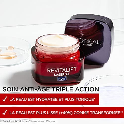 L'Oréal Paris - Crème Masque Nuit Triple Action Anti-Âge - Anti-Rides & Multi-Correction - Enrichi au Pro-Rétinol, à l'Acide Hyaluronique & à la Vitamine C - Revitalift Laser X3 - 50 ml