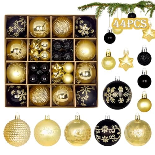 44 Boules de Noël Noir Or Set,Ø 6/4.3/3cm Boules de Noël en Plastique avec Crochet pour décoration d'arbre de Noël,Boules de Noël Décoration d'arbre Extérieur et Intérieur Décoration d'arbre Noël