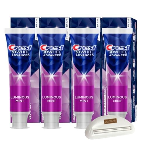 CRST 3DWhite Advanced Luminous Mint Teeth Whitening Toothpaste, 4 Pack of 3.7 oz - Whitens After 1 Brush bundled with LUXPAKS Toothpaste Squeezer