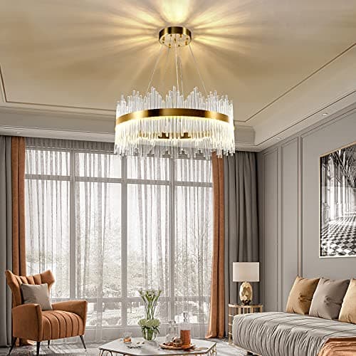 Chandelier en cristal d’or moderne pendentif Light, Dimmable lampe ronde en cristal de luxe, pour le salon, la salle à manger, la chambre, le Restaurant, Ø60 cm