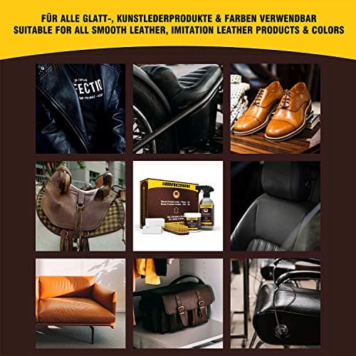 Macari Set d’entretien du cuir pour canapé, chaussures et voiture. Nettoyant pour coussins d’ameublement et graisse/crème pour cuir comme accessoires pour les sets de réparation du cuir