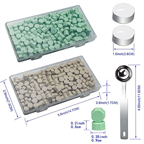 Perles de cire à cacheter, 200 PCS brun lait+200 PCS Jade perles de cire à cacheter avec 1PCS cuillère à cire à fondre et 2 bougies, Set de cachet de cire pour invitations de fête