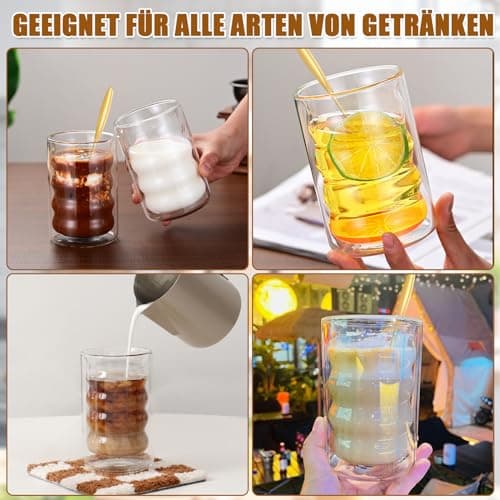 4 PCS Verres à Latte Macchiato, 350ml Tasse en Verre à Double Paroi of Avec 4 Cuillères, Verres à Double Paroi Borosilicaté, Tasse Double Paroi Couche Convient Pour Café,Boisson,Bière